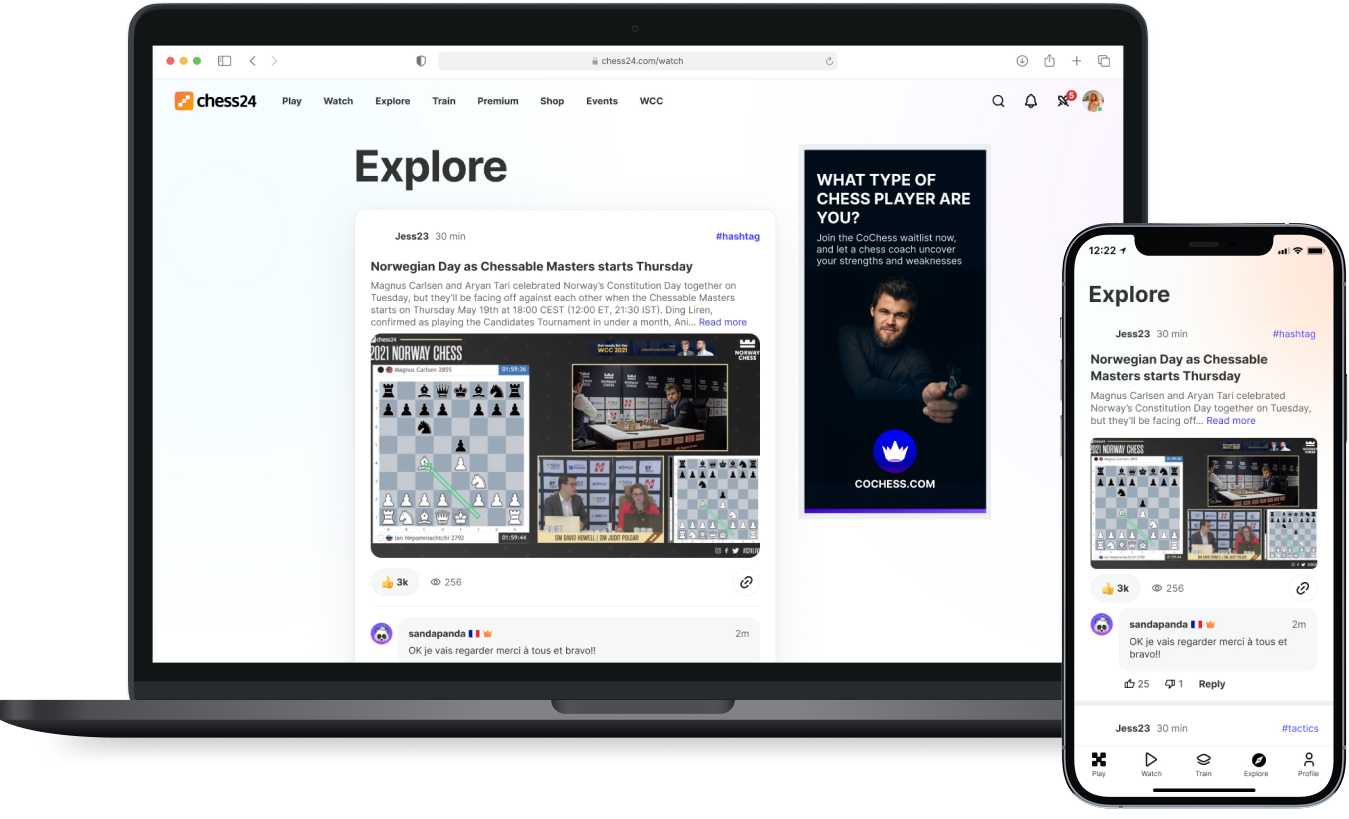 Chess24 Feed and Explore on desktop and mobile